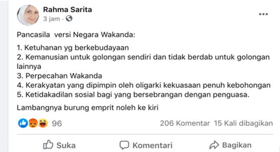 Viral, Akun Facebook Rahma Sarita Unggah Pancasila Versi Negara Wakanda